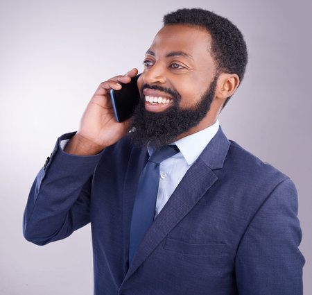 Corporate black man, phone call and smile in studio for business conversation, hello and chat. Happy...