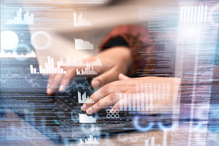 Overlay, chart or hands of woman typing on a keyboard with finance, cryptocurrency or financial...