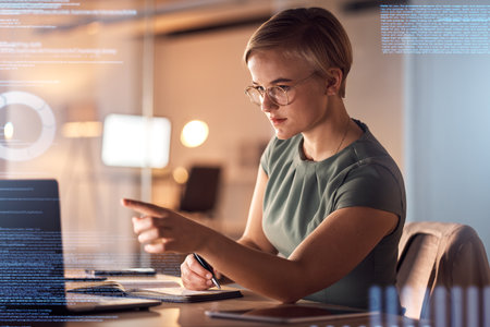 Notebook writing, coding or interactive abstract for business woman in night office check for data analytics or progress chart. Hands, employee or technology hologram of infographic growth planningの写真素材