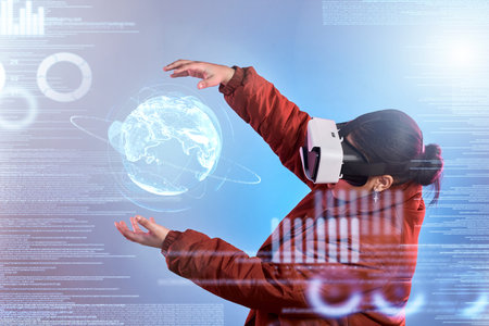 Metaverse, globe or woman in virtual reality with overlay for digital transformation, charts or...