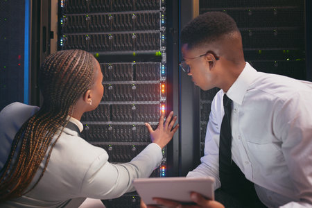 This light shouldnt be on. two young IT specialists crouched down in the server room together and using a digital tablet.の写真素材