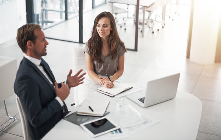 Putting forth their ideas. two businesspeople having a discussion in an office.の写真素材