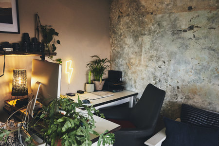 Rustic style for a home office design is a very cosy idea. Still life shot of a workstation in a...
