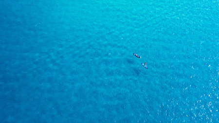 Explore the waters on a paddle boat. a man and woman paddle boarding across the sea.