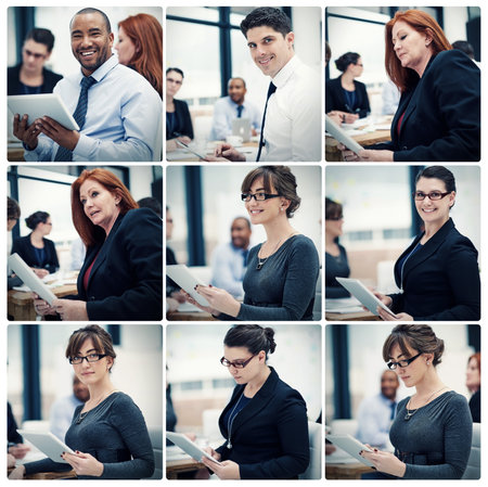 We work better when we work together. Composite shot of a team of businesspeople having a meeting in the boardroom.の写真素材