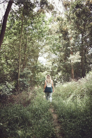 You have the entire world to explore. a young woman out exploring nature.の写真素材