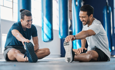 Men smile, gym and legs stretching of friends before training, fitness and workout in health club....