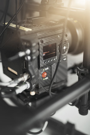 State of the art equipment. Behind the scenes close up shot of videography recording equipment inside of a studio during the day.の写真素材
