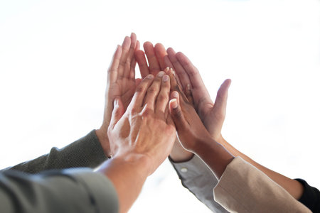 Success, white background or business people high five for winning a deal or group partnership...