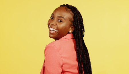 Black woman, beauty and skincare portrait with smile and looking over shoulder with fashion. Young...
