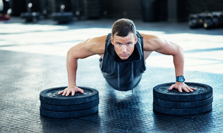 The body will do what the mind tells it. a young man doing push ups with weights in a gym.