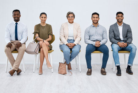 Happy, hiring and portrait of business people in studio for job interview, diversity and human resources. Meeting, smile and opportunity with group of employees on wall background for recruitmentの写真素材