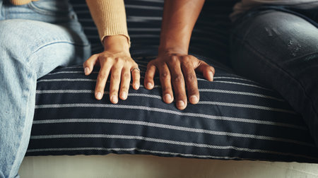 Closeup shot of an unrecognizable couple resting their hands alongside each other on a couch.の写真素材