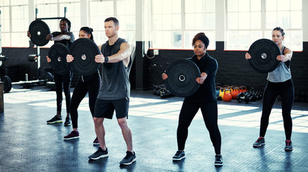 We all strive to live healthier. a fitness group using kettle-bells in their session at the gym.