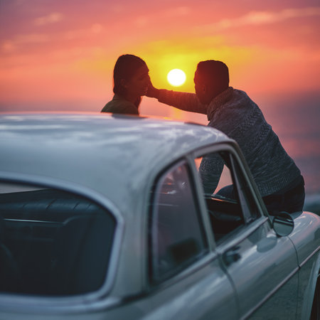 Youre even more beautiful than the sunset. a young couple making a stop at the beach while out on a road trip.の写真素材
