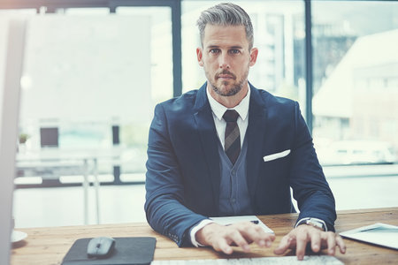 Straight forward hard work. Portrait of a mature businessman using a computer at his desk in a modern office.の写真素材