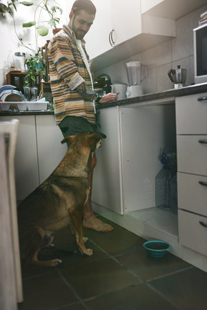 Please can I have some. a cheerful young man hanging out in the kitchen with his dog at home during the day.の写真素材