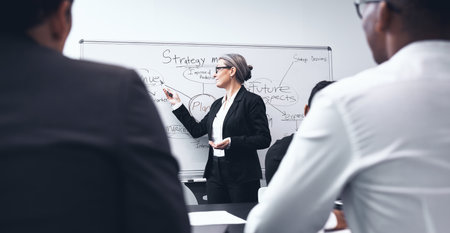 Business woman, coaching and presentation on whiteboard in meeting for strategy or planning at office. Female person, CEO or coach training staff in project plan or team brainstorming at workplaceの写真素材