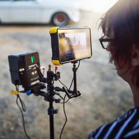 I can see the whole scene play off from here. Over the shoulder shot of a focused young man shooting a scene with a state of the art video camera outside on a beach during the day.の写真素材