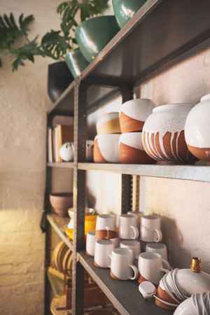 The finest assortment of perfectly made pots. various vases and pots on a shelf in a pottery studio.の写真素材