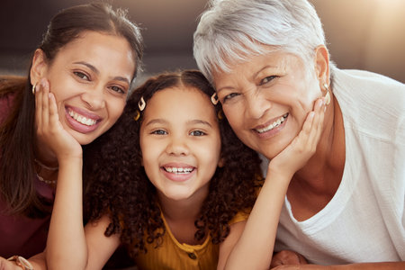 Portrait, generations and relax with family on floor of living room for bonding, smile and love....