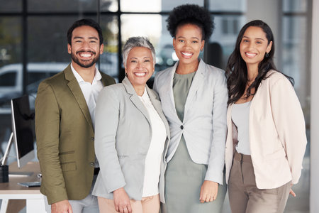 Portrait, business people and smile for office diversity, management and happiness with pride. Happy group, employees and teamwork for motivation, corporate partnership and professional collaborationの写真素材
