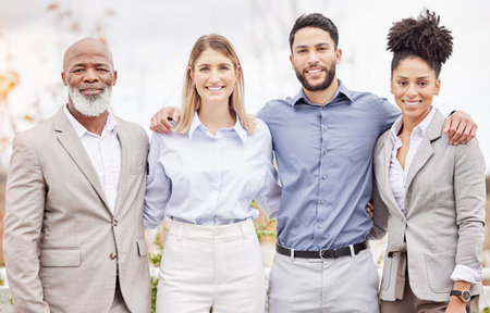 Business team, portrait and outdoor with diversity for collaboration and corporate success....