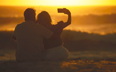 Travel, couple and selfie at sunset on a beach for vacation or holiday outdoor. Behind romantic man and woman in nature with peace, calm and ocean for quality time, love and freedom or photo memoryの写真素材