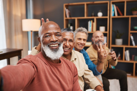 Portrait selfie, peace sign and black man with friends in house, having fun and bonding together. V emoji, retirement face and happy elderly group of men laughing and taking pictures for social mediaの写真素材