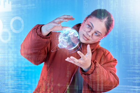 Earth hologram, global network or hands of girl with future cybersecurity or worldwide networking...