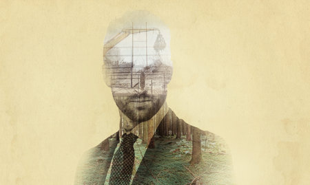 Business man, city development double exposure and thinking employee with art deco overlay....