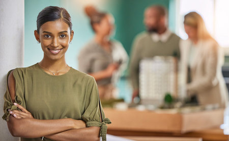 Woman, portrait smile and leadership with arms crossed for meeting, teamwork or collaboration at...