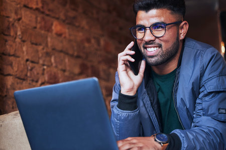 Black man, phone call and coffee shop with a smile on a web app conversation with happiness. Online...