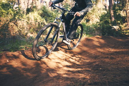 Fitness, bicycle and man outdoor on a nature path with extreme and exercise adventure. Bike, cycling...