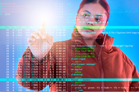 Double exposure, code or woman hacker coding, phishing or typing on cybersecurity database online....