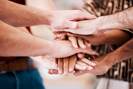 Hands, team building and employee teamwork with business community support, diversity collaboration or motivation together. Corporate unity, staff solidarity or creative startup workforce cooperationの写真素材