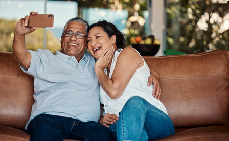 Love, selfie and happy senior couple bonding, relax and enjoy quality time together on home living...