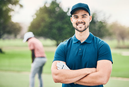 Golf, sports and portrait of man with smile on course for game, practice and training for competition. Professional golfer, fitness and happy male athlete ready for exercise, activity and recreationの写真素材