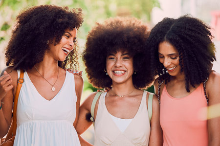 Woman, friends and laughing for social friendship, joke or fun bonding time together in the...