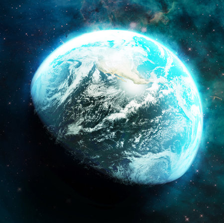 Earth, planet or world with glow in space for astronomy study, science and light in universe. 3d global sphere, sunrise and galaxy sky with clouds, ocean or sea in solar system, globe and cosmosの写真素材