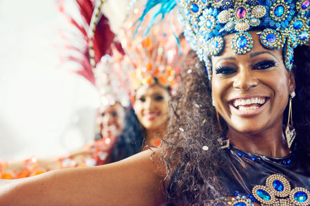 Portrait of women, samba and Brazilian carnival dancers in creative fashion for celebration, party...