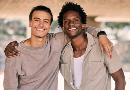 Friends, portrait and men outdoor with hug and together, relax and happy with diversity, smile and freedom. Friendship, care and bonding with solidarity, support and young people with bond and trustの写真素材