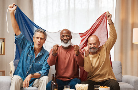 Flag, sports and watching tv with friends on sofa for relax, streaming and games entertainment. Support, happy and fans with senior french men in at home for winner, goal and news on televisionの写真素材