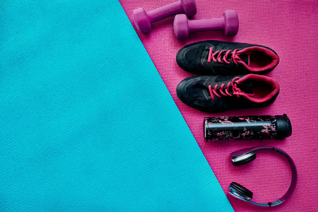 I got everything I need. High angle shot of a group of workout essentials lying on top of a...