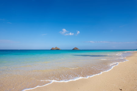 Water, beach and ocean landscape with clouds in the sky or travel to a tropical paradise, dream vacation or island holiday, Hawaii, summer wallpaper and relax in nature, sun and blue sea wavesの写真素材