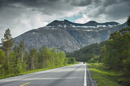 Road, mountain and travel landscape, trees and nature with direction and destination with asphalt and highway. Environment, street and location with journey and traveling view outdoor with horizonの写真素材