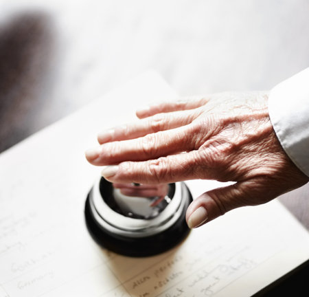 Bell, ring and person hands for hospitality, customer services and receptionist desk for...