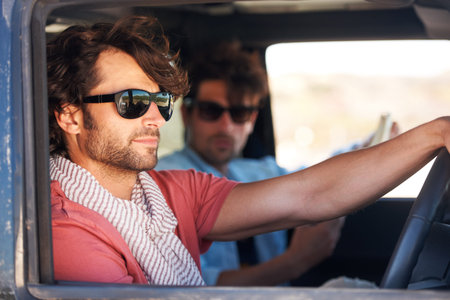 Road trip, driving and men for travel adventure, journey and holiday in summer, sunglasses and...