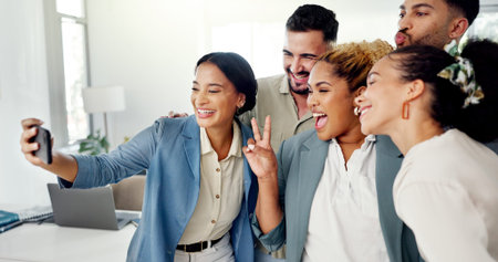 Selfie, office team and group of people in social media post, online networking update and happy...