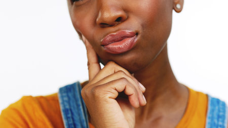 Thinking, wow and lightbulb moment with a black woman in studio isolated on a white background....